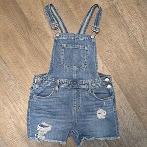 Cat & Jack Girls Blue Denim Shortall Distressed Overalls Stretch Sz L 10-12